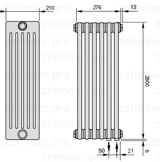 Схема (чертеж) Радиатор Zehnder Charleston 6280/6 №5510 Белый глянцевый RAL 9016